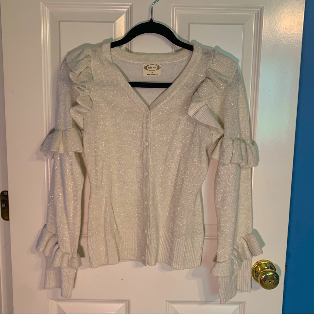 Joyfolie girls’ size 14 creme tan gold flake button-up ruffle sweater
